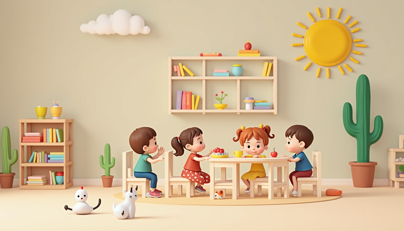 Copii jucându-se într-o grădiniță Montessori, cu materiale educative și un educator ghid