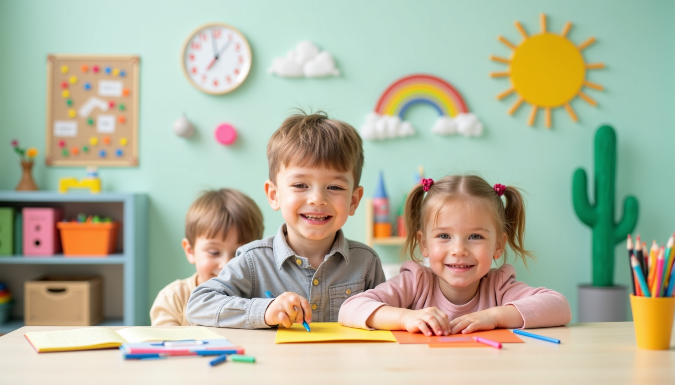 Copii fericiți jucându-se într-o grădiniță privată modernă, ilustrând tendințele din 2026.